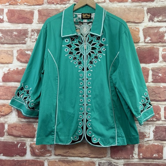 Bob Mackie Wearable Art Jacket Women's 3X Turquoise Boho Embroidered Cutout - Picture 6 of 8